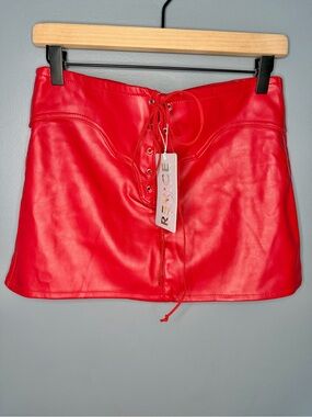 REVICE Faux Leather Lace-Up Mini Skirt Moto Club Edgy Grunge Rave Punk | Size L